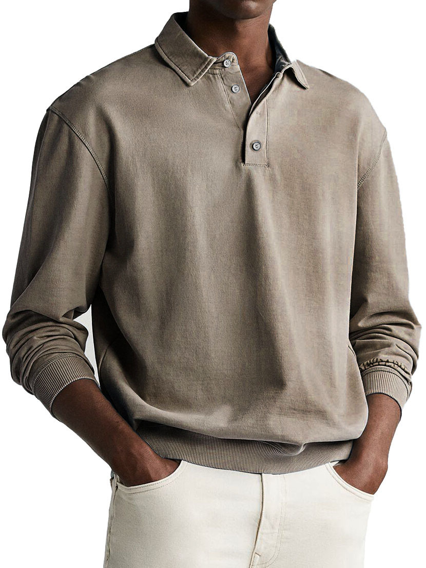 Men's Retro Distressed Comfortable Long Sleeve Lapel Polo Shirt