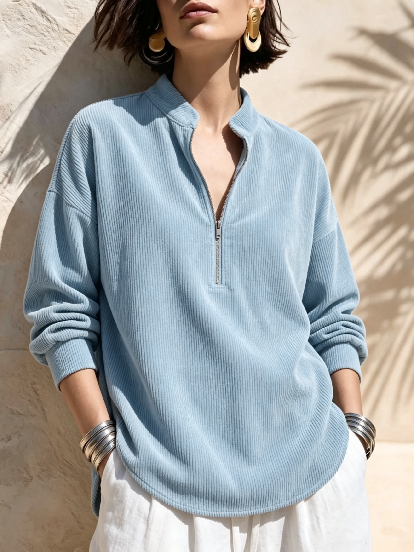Women's Solid Color Stand Collar Long-sleeved Casual Loose Corduroy Top