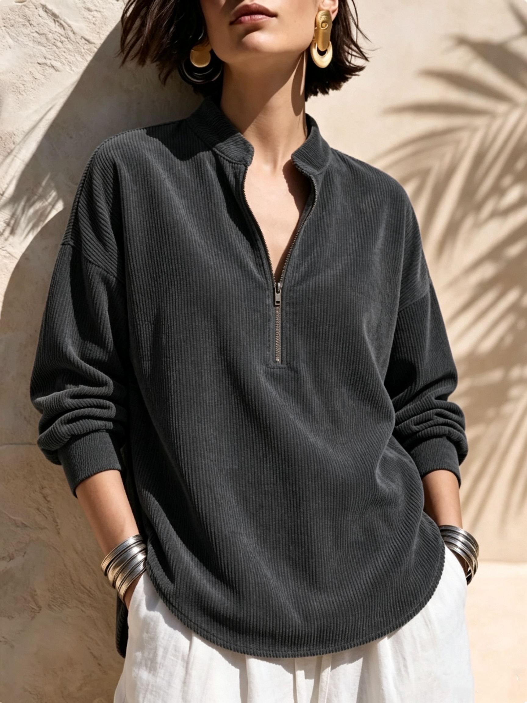 Women's Solid Color Stand Collar Long-sleeved Casual Loose Corduroy Top
