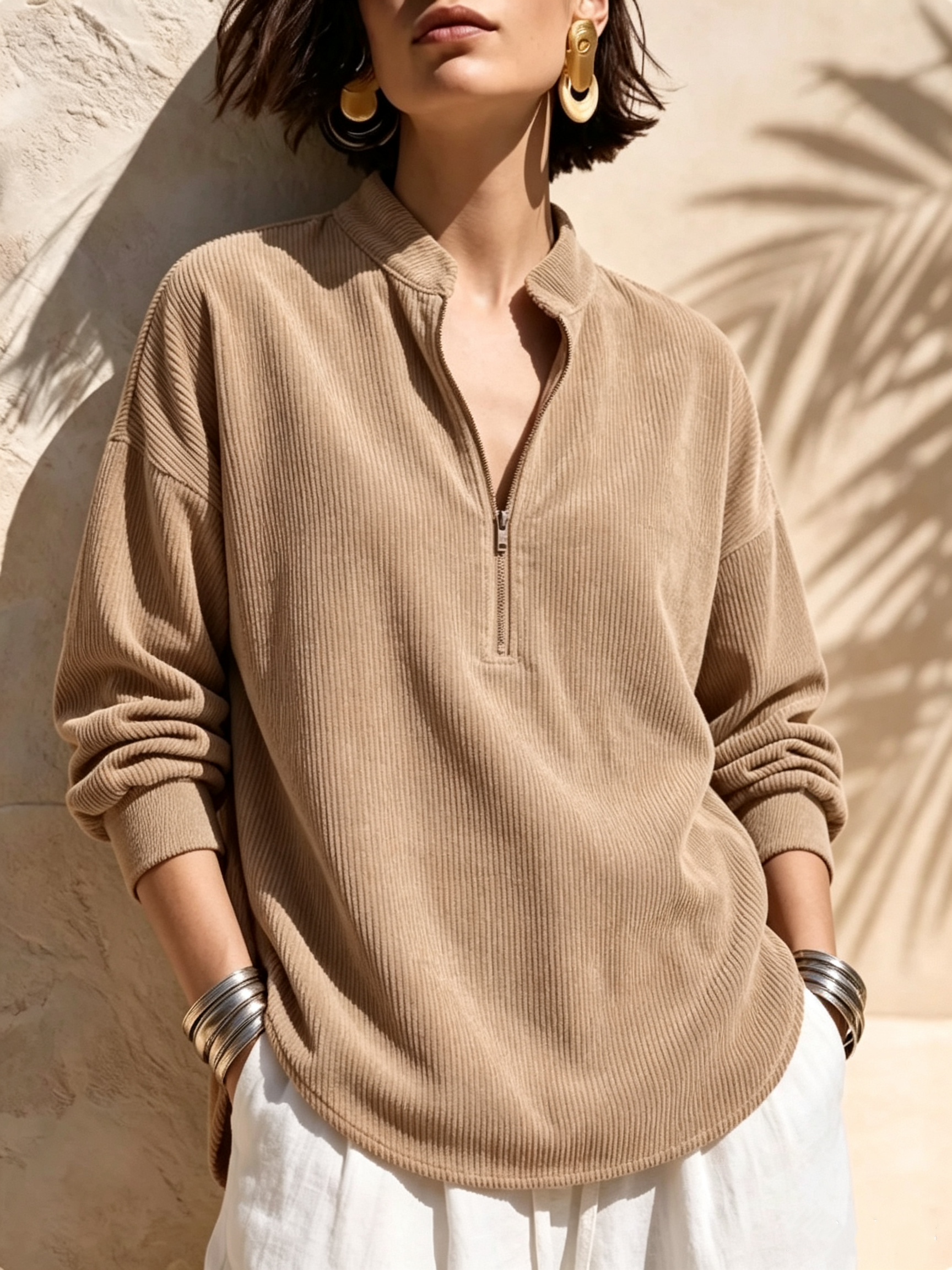 Women's Solid Color Stand Collar Long-sleeved Casual Loose Corduroy Top