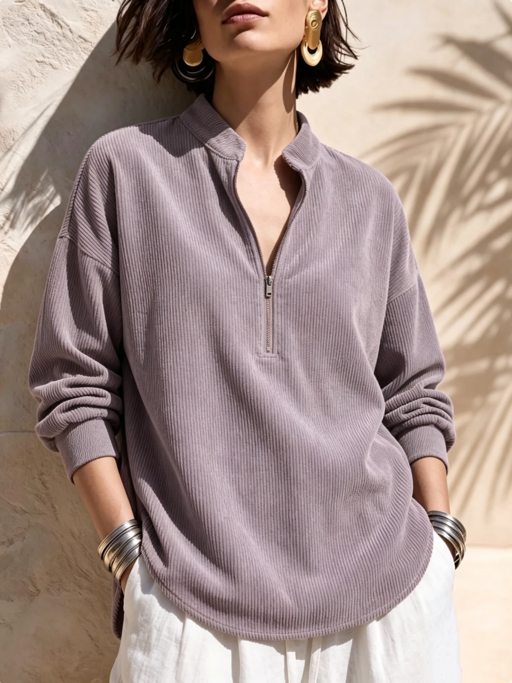 Women's Solid Color Stand Collar Long-sleeved Casual Loose Corduroy Top