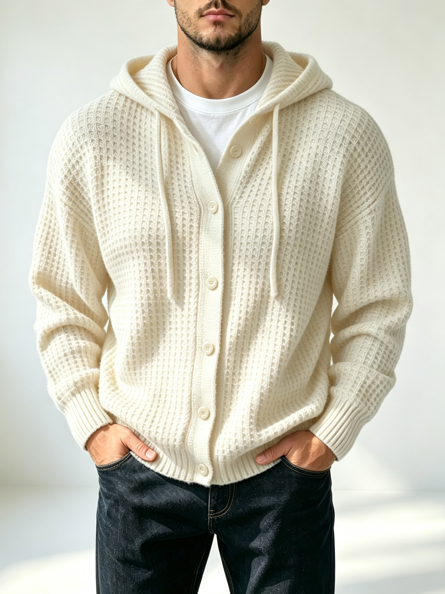 Men's casual loose-fitting simple waffle hoodie