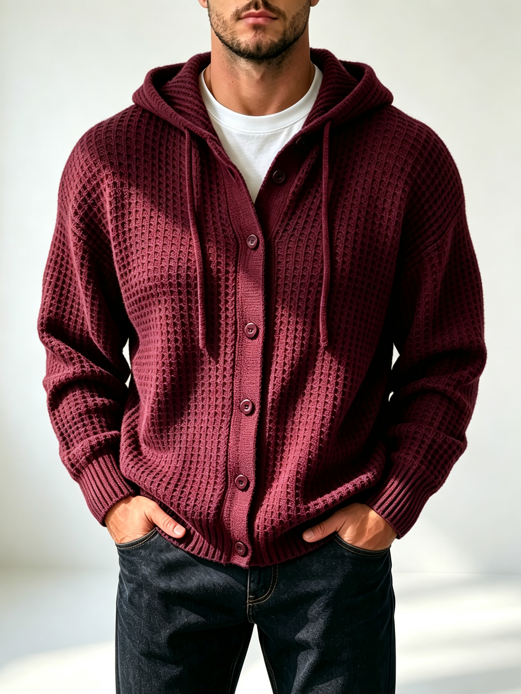 Men's casual loose-fitting simple waffle hoodie