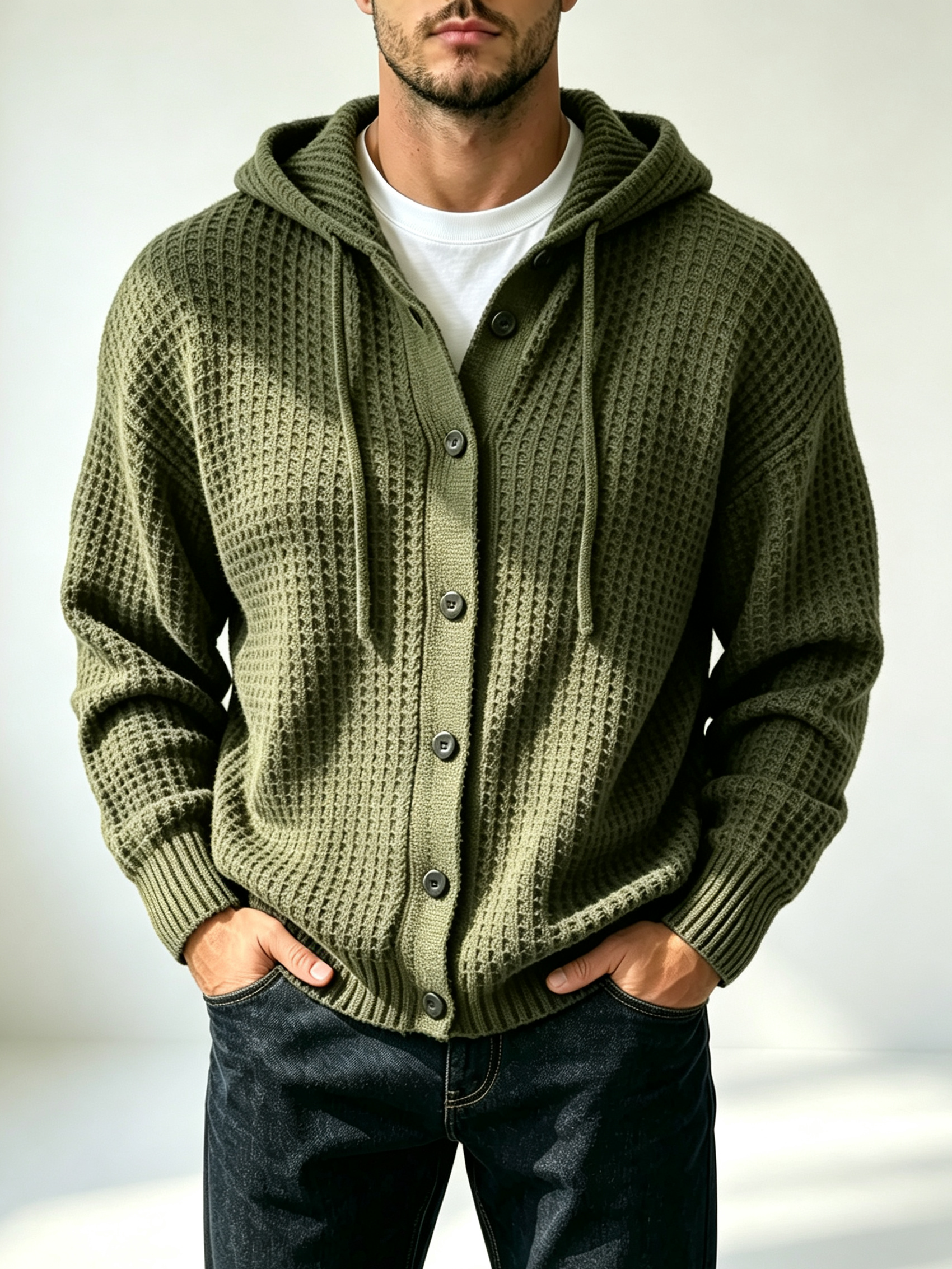 Men's casual loose-fitting simple waffle hoodie