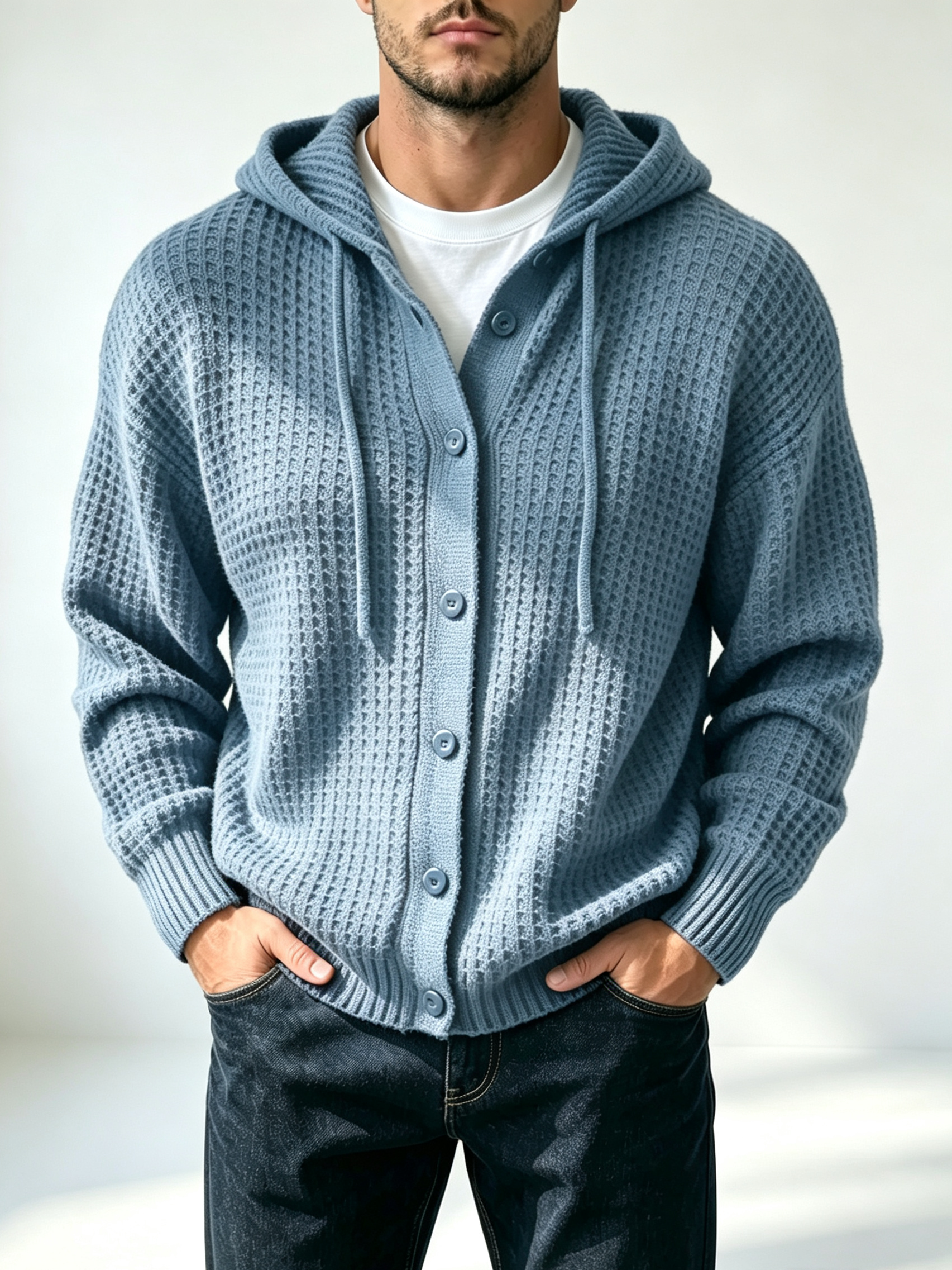 Men's casual loose-fitting simple waffle hoodie