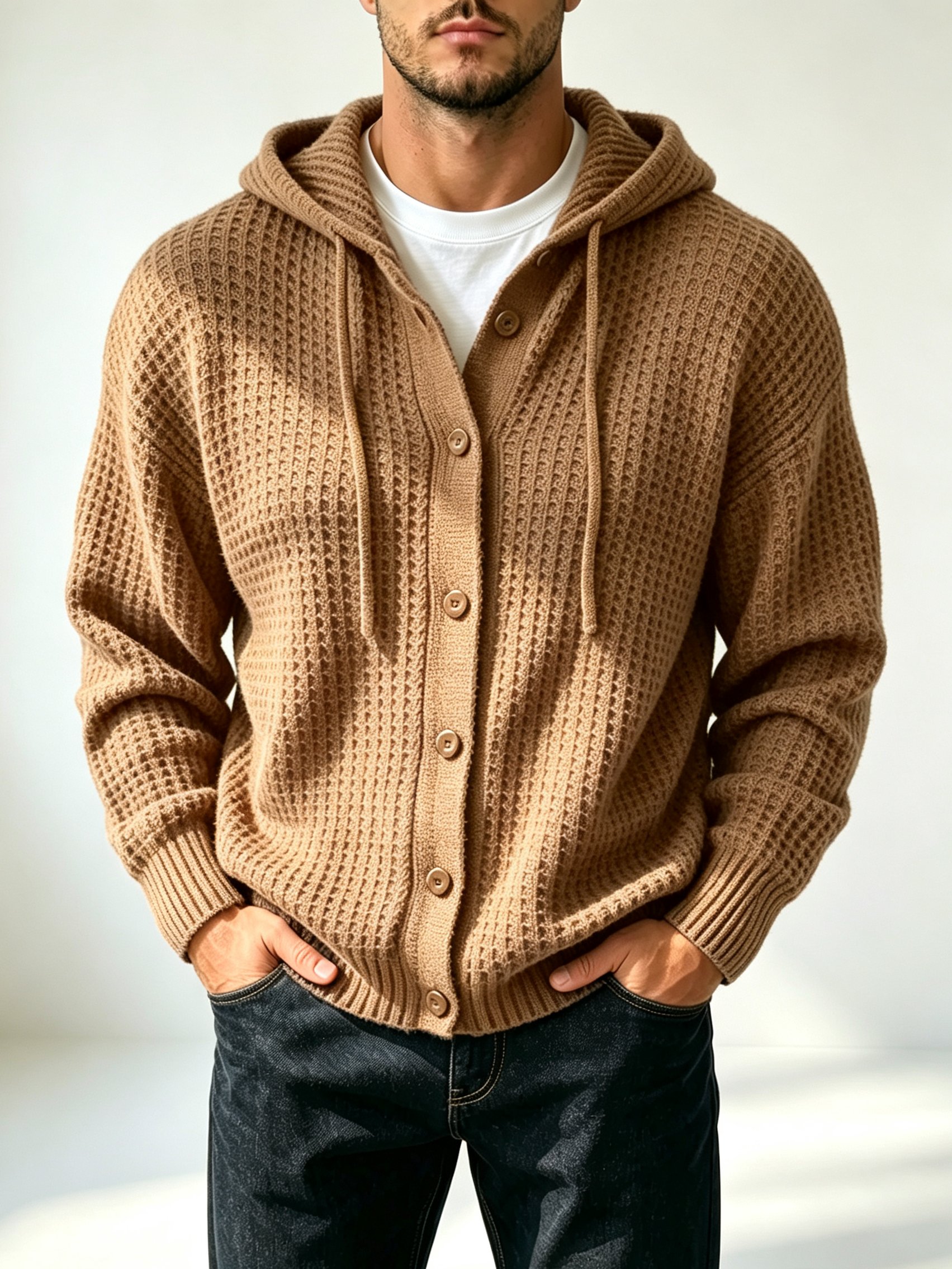 Men's casual loose-fitting simple waffle hoodie
