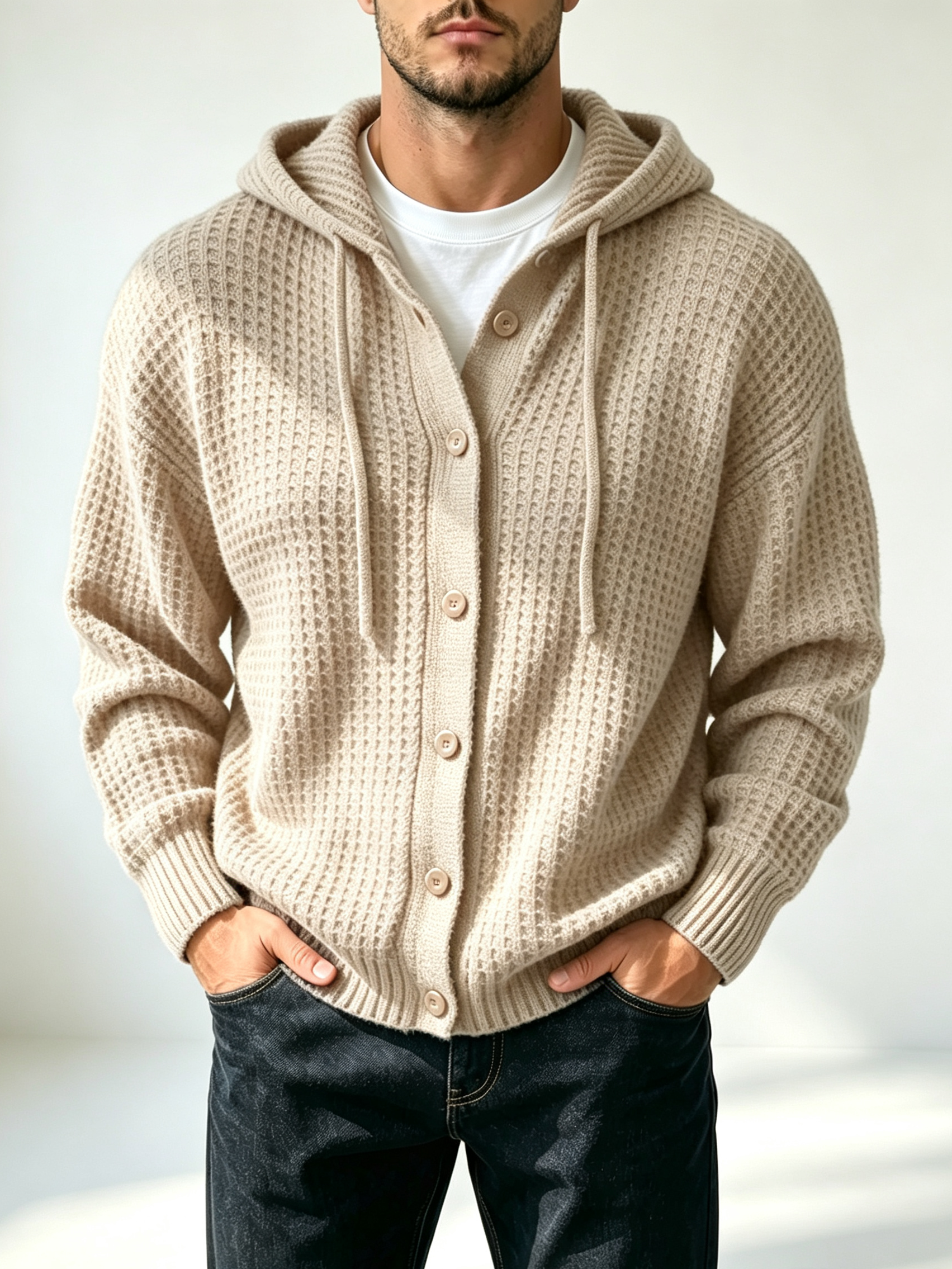 Men's casual loose-fitting simple waffle hoodie