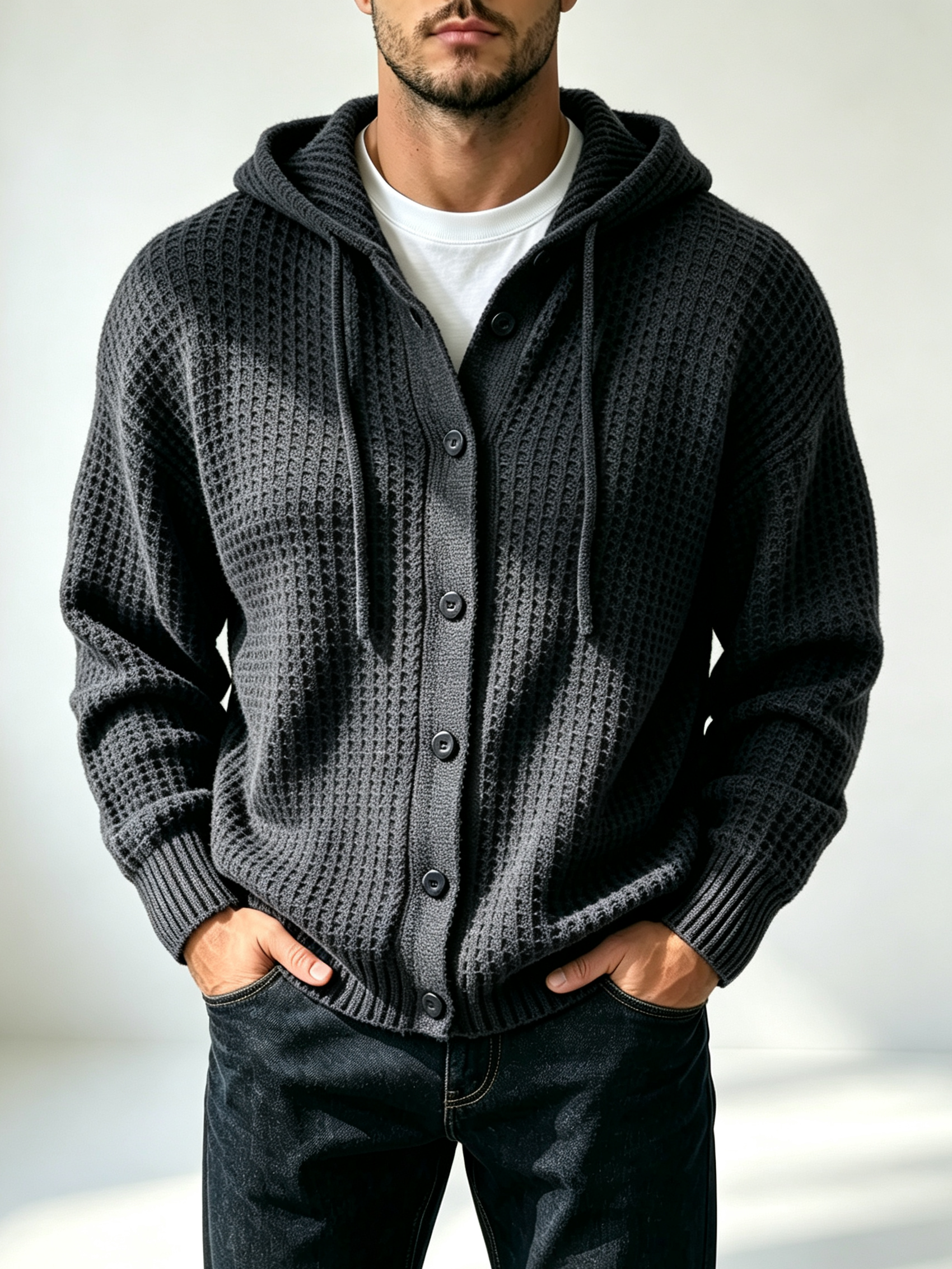 Men's casual loose-fitting simple waffle hoodie