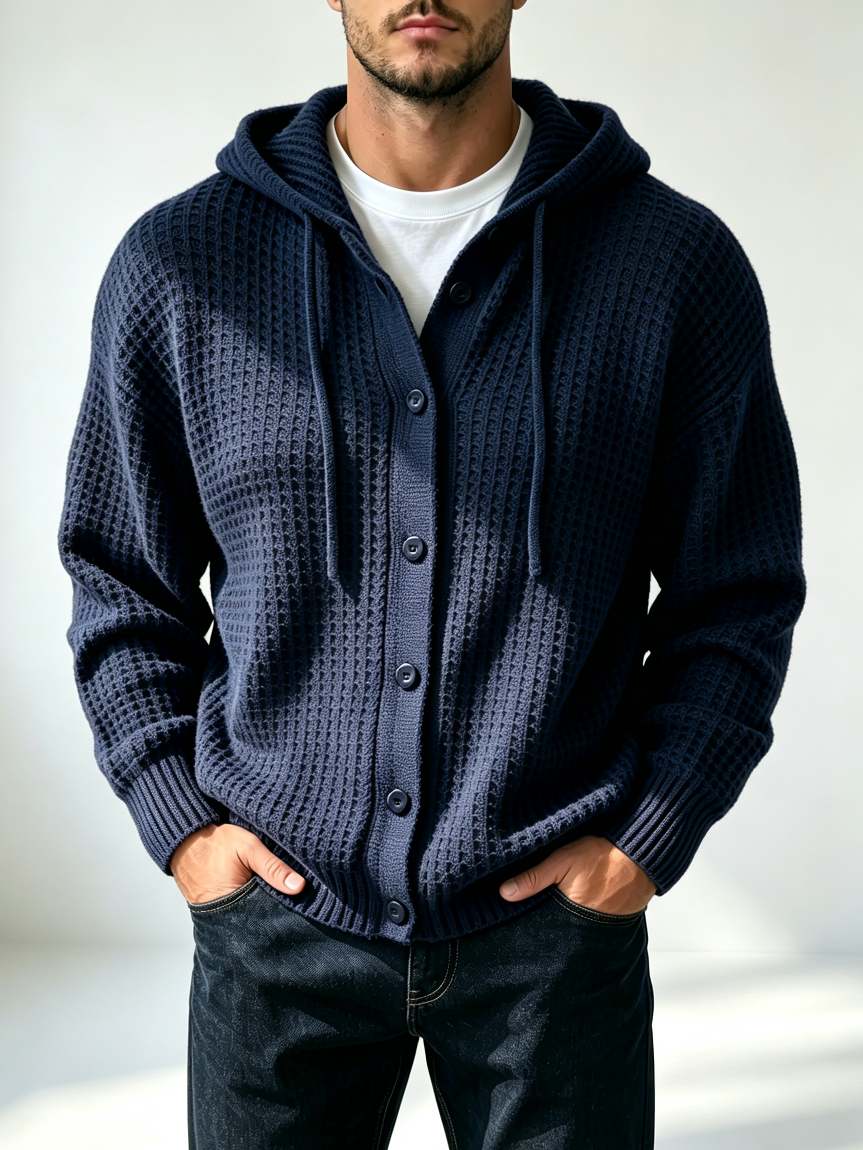 Men's casual loose-fitting simple waffle hoodie
