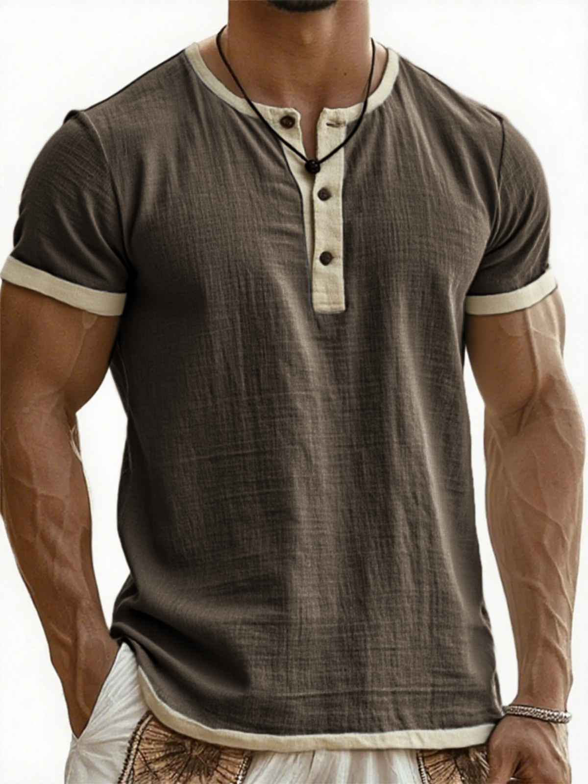 Men's Breathable Linen Contrast Pleated Resort Henley Top