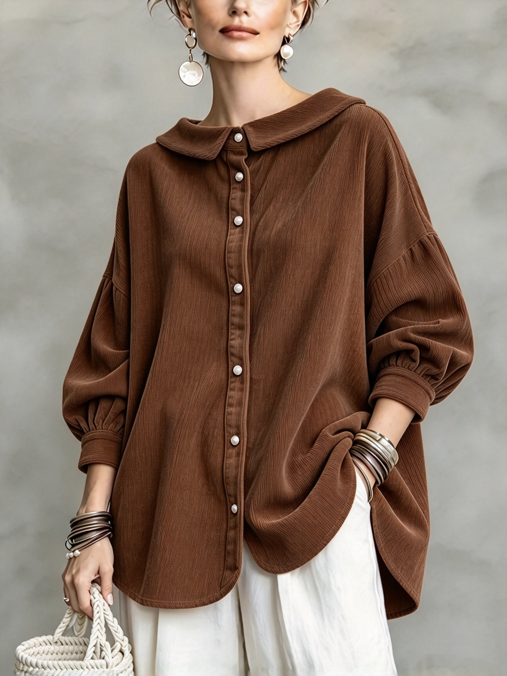 Chic Vintage Textured Orange Button-down Collared Shirt