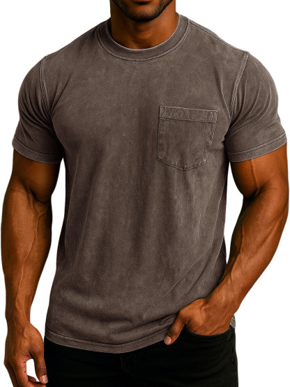 Men's Fashion Washed And Distressed Cotton Retro Pocket Casual T-shirt