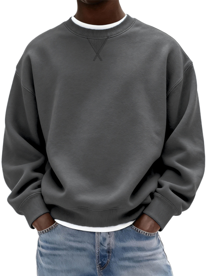 Men's Heavyweight Cotton X-stitch Crew-neck Basic Pullover Sweatshirt