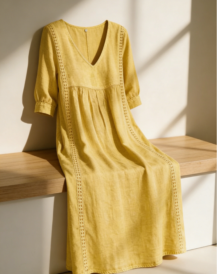 🤩🤩Casual Loose-fitting Patchwork Lace Trim Linen And Cotton Dress