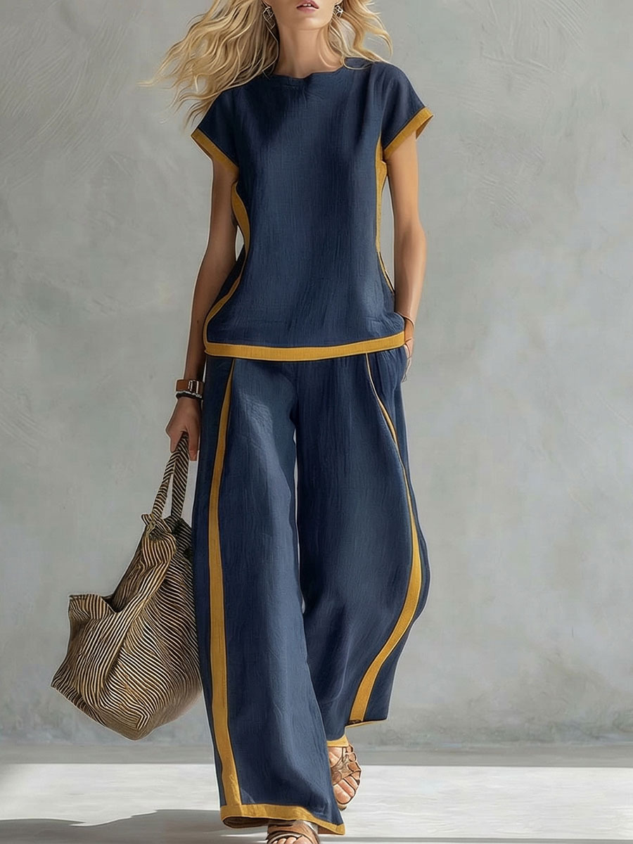 Women's Round Neck Short Sleeve Casual Loose Top And High-waisted Casual Loose Wide-leg Pants Cotton And Linen Set