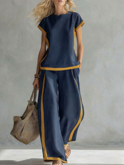 Women's Round Neck Short Sleeve Casual Loose Top And High-waisted Casual Loose Wide-leg Pants Cotton And Linen Set