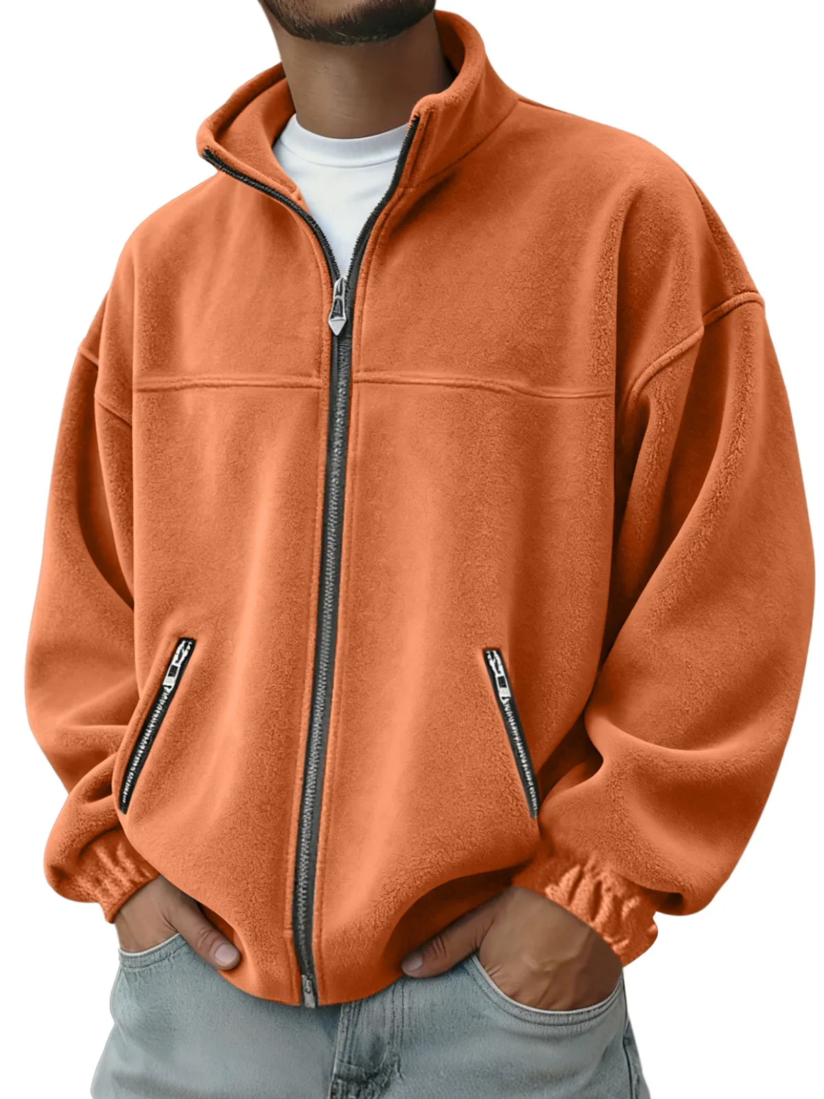 Men's Oversized Stand Collar Full Zip Fleece Jacket