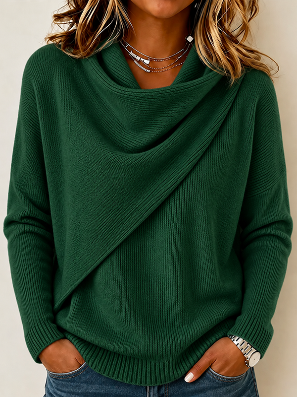 CLEARANCE SALE🔥Women’s Asymmetrical Draped Cowl Neck Relaxed Fit Knit Sweater