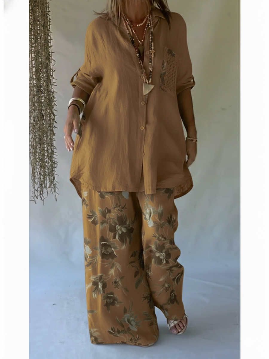 Casual Floral Print Linen And Cotton Shirt And Trousers Two-piece Set