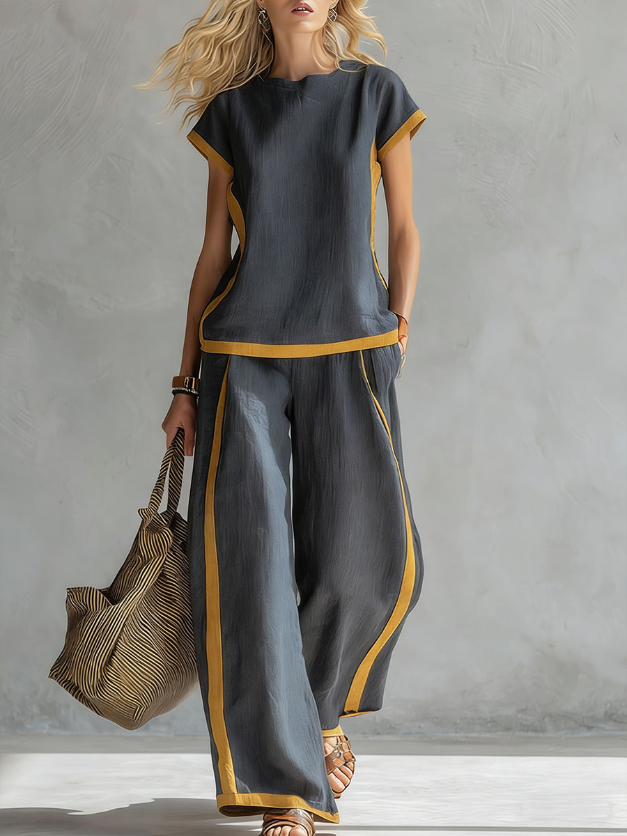 Women's Round Neck Short Sleeve Casual Loose Top And High-waisted Casual Loose Wide-leg Pants Cotton And Linen Set