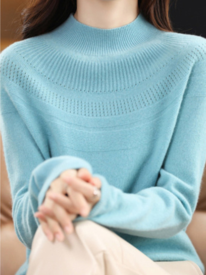 Office Raglan Sleeve Hollow Solid Color High-Neck Sweater Tops