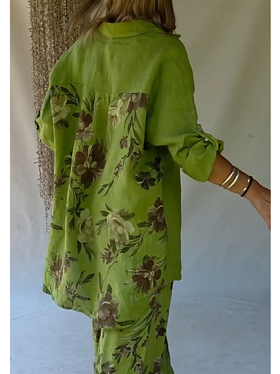 Casual Floral Print Linen And Cotton Shirt And Trousers Two-piece Set