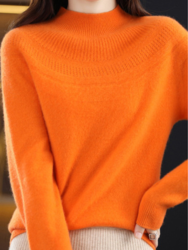 Office Raglan Sleeve Hollow Solid Color High-Neck Sweater Tops