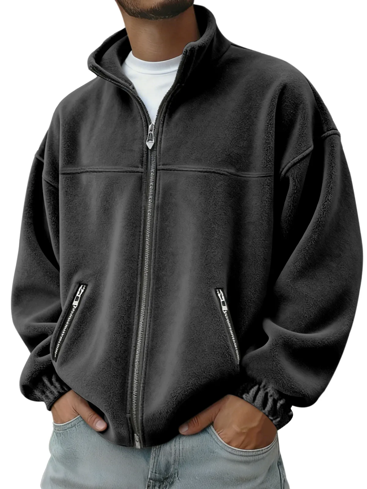 Men's Oversized Stand Collar Full Zip Fleece Jacket
