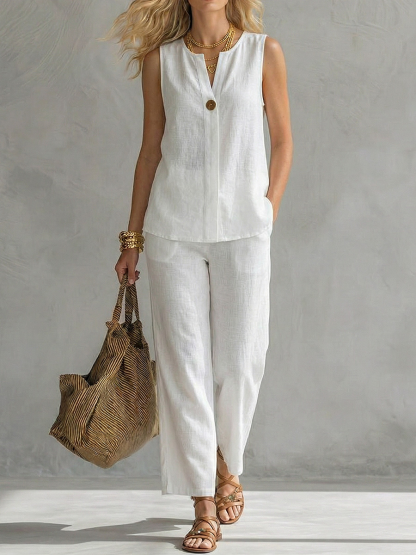 New Arrivals🔥Women's Cotton-linen Sleeveless V-neck Top And Pants Set