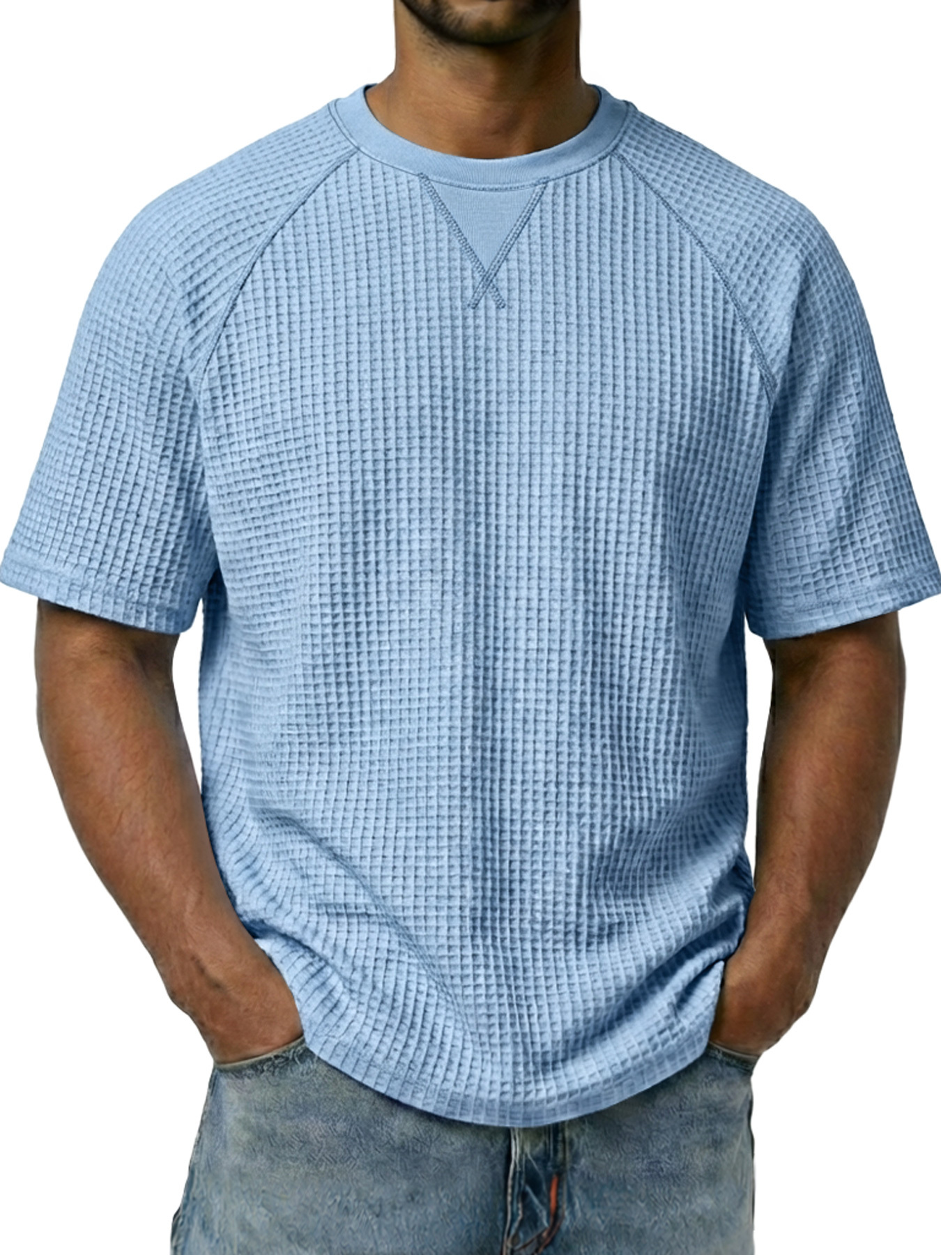 Men's Waffle-knit Crew Neck Raglan Sleeve Casual Short-sleeved T-shirt