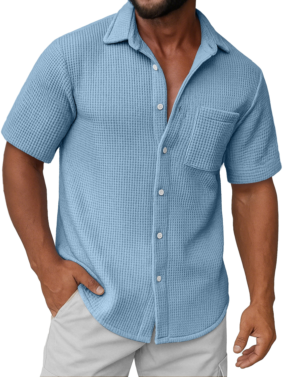 Men's Daily Waffle Texture Casual Pocket Comfort Short Sleeve Shirt