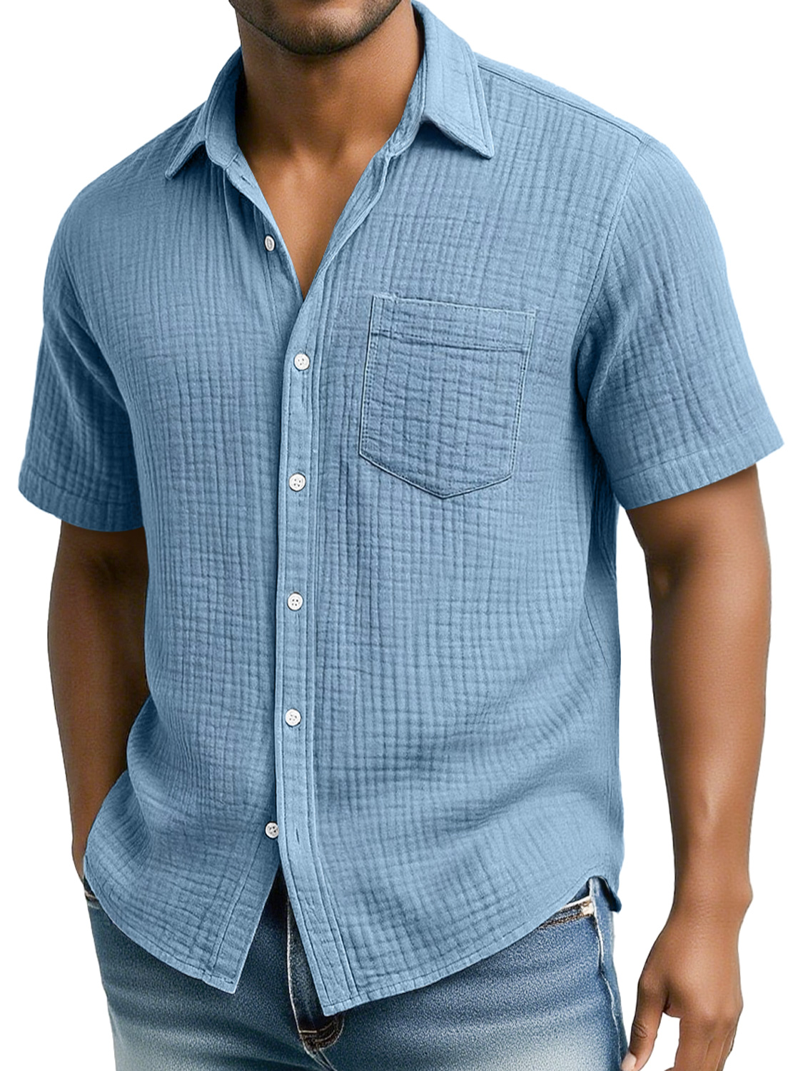 Men's Daily Pleated Texture Casual Pocket Comfort Short Sleeve Shirt