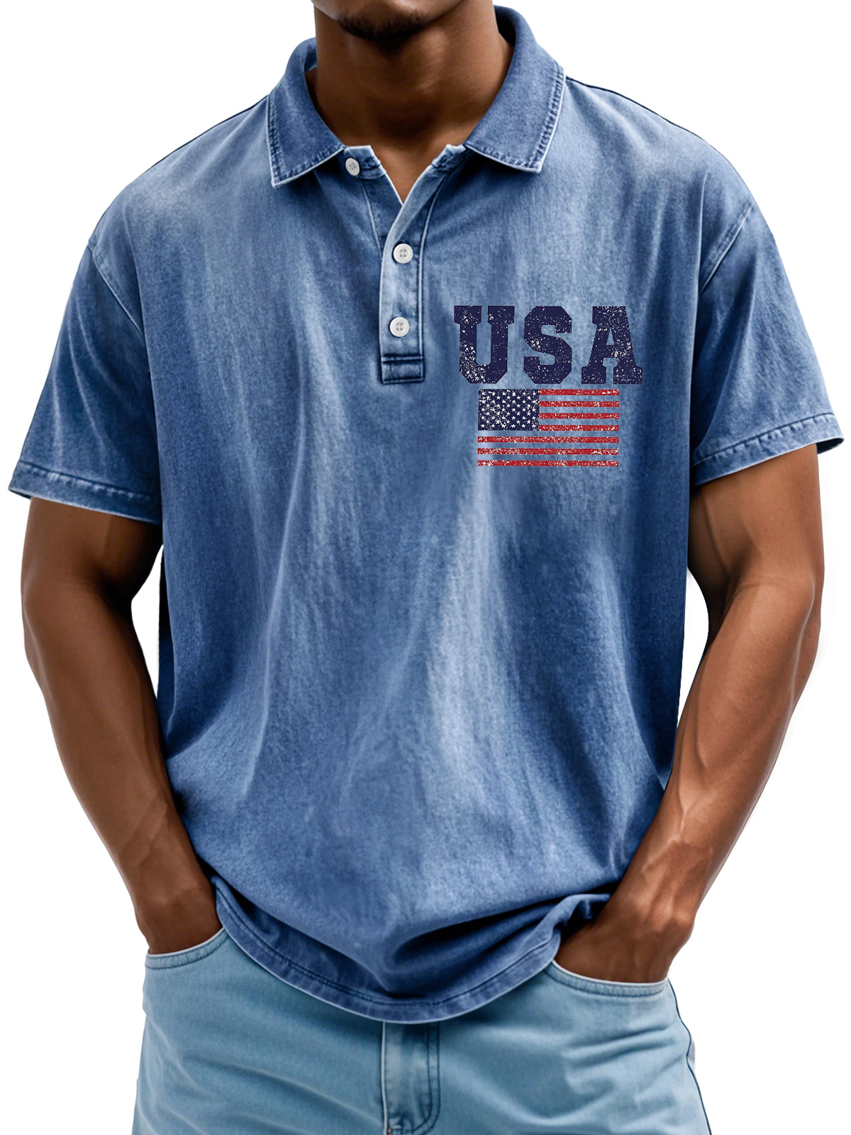 Men's Vintage American Independence Day Flag Print Lapel Short Sleeve Polo Shirt