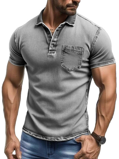 Men's Fashion Retro Pure Cotton Distressed Fabric Pocket Lapel Polo Shirt 