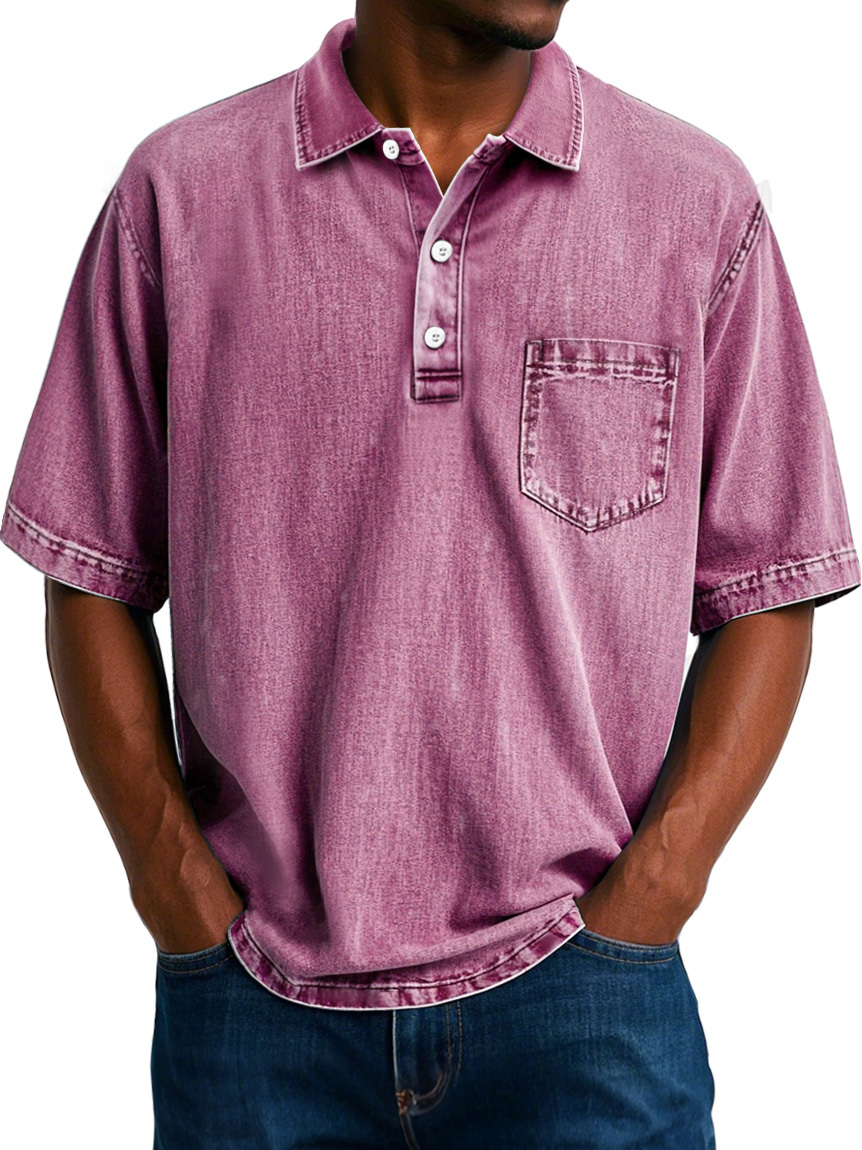 Men's Vintage 100% Cotton Washed Distressed Lapel Pocket Casual Short Sleeve POLO Shirt