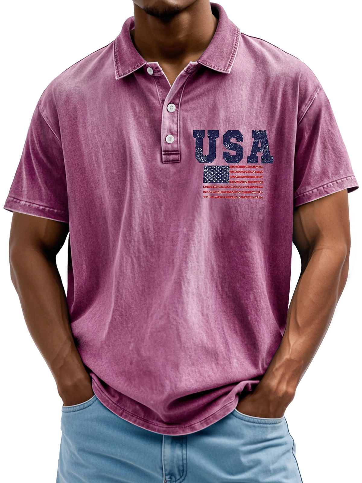 Men's Vintage American Independence Day Flag Print Lapel Short Sleeve Polo Shirt