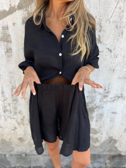 Solid Color Loose Shirt And Shorts Two-Piece Set