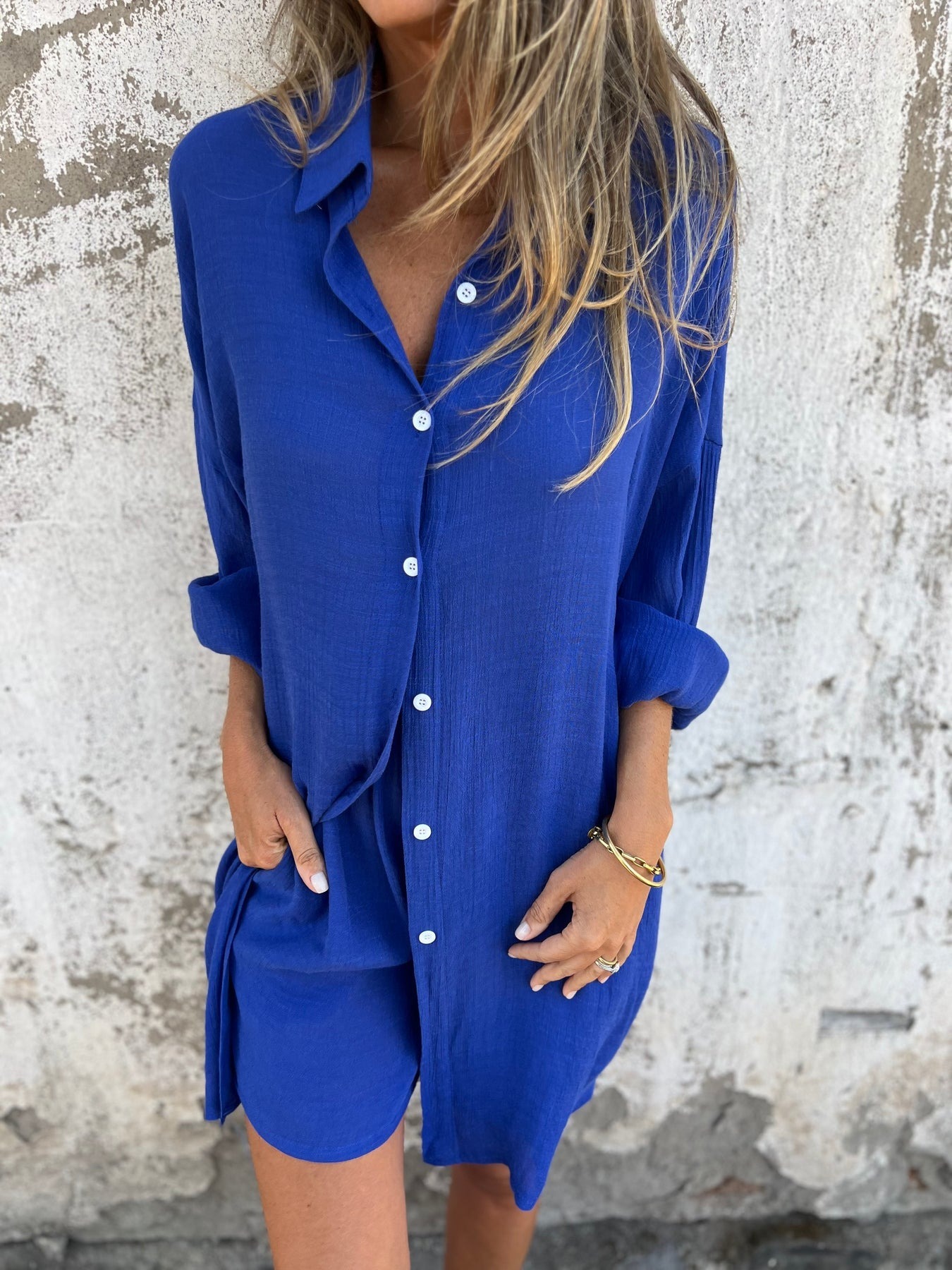 Solid Color Loose Shirt And Shorts Two-Piece Set