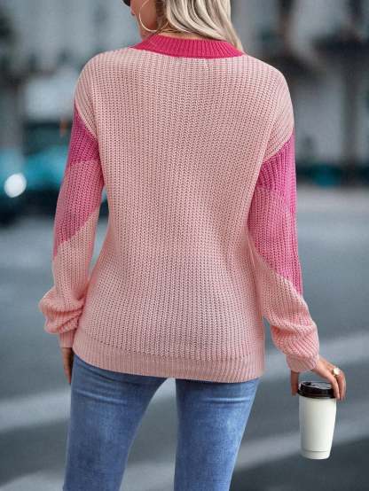 Women's 2024 Sweater Regular Fit Colorblock Pattern Drop Shoulder Sweater Long Sleeve Round Neck Casual Knit Jumper Tops