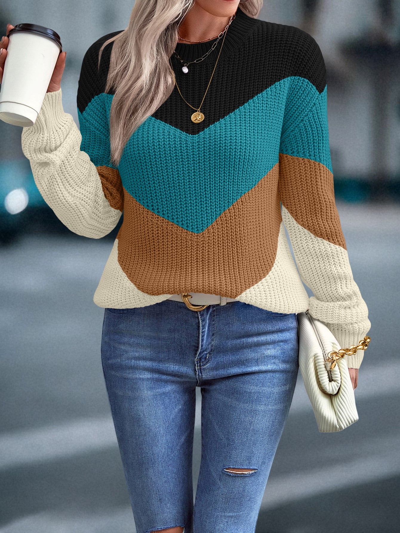 Women's 2024 Sweater Regular Fit Colorblock Pattern Drop Shoulder Sweater Long Sleeve Round Neck Casual Knit Jumper Tops