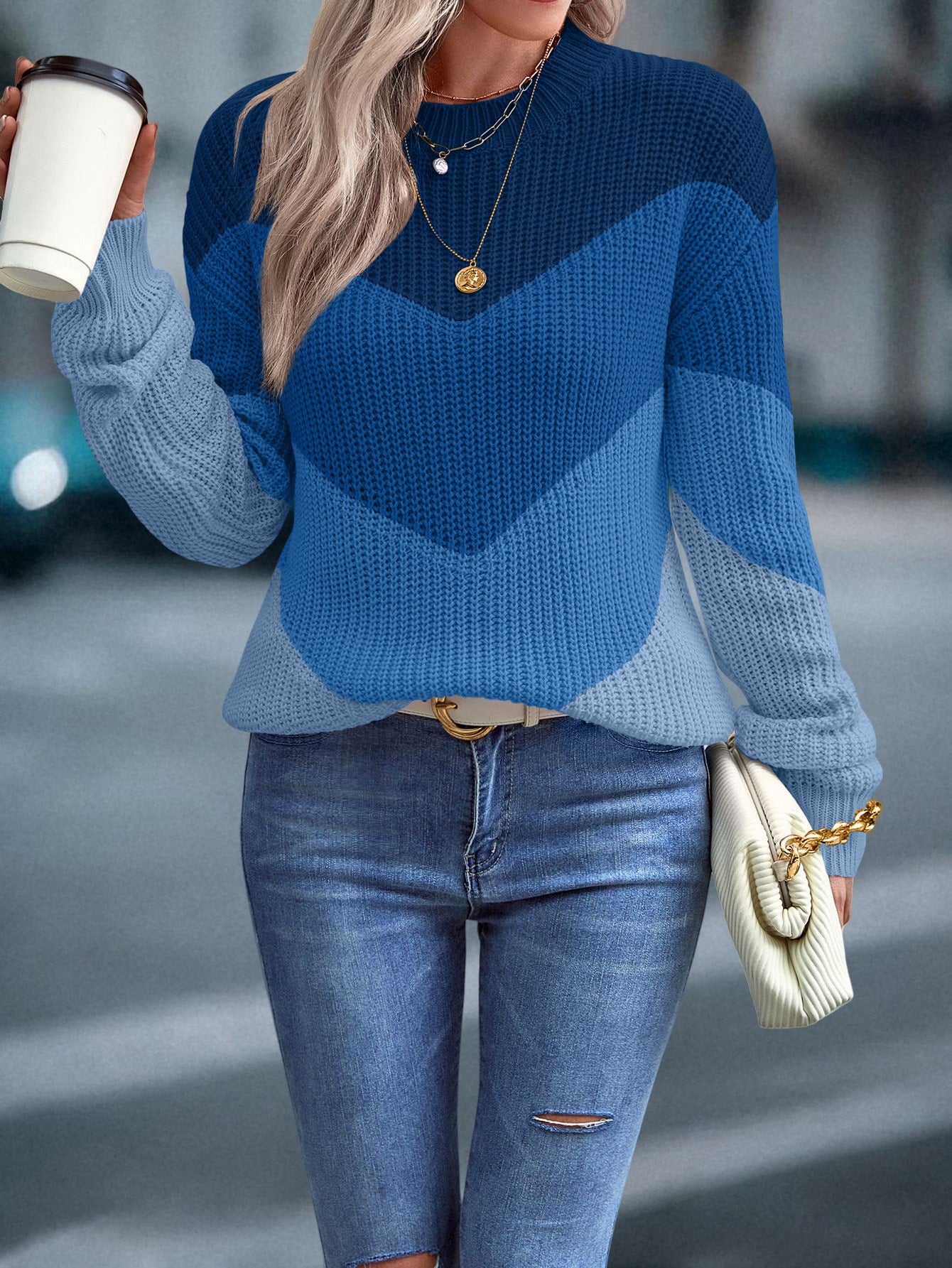 Women's 2024 Sweater Regular Fit Colorblock Pattern Drop Shoulder Sweater Long Sleeve Round Neck Casual Knit Jumper Tops