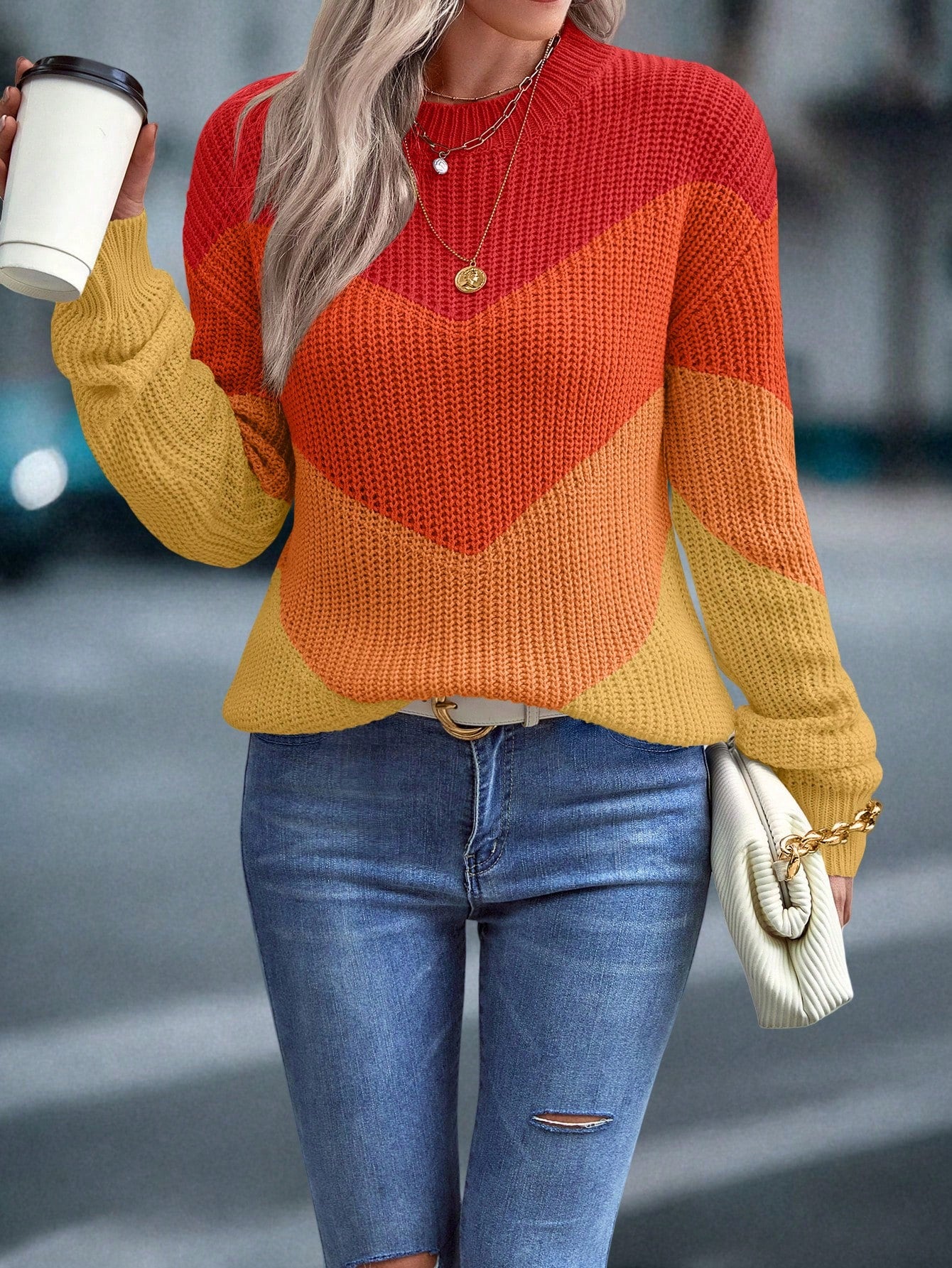 Women's 2024 Sweater Regular Fit Colorblock Pattern Drop Shoulder Sweater Long Sleeve Round Neck Casual Knit Jumper Tops