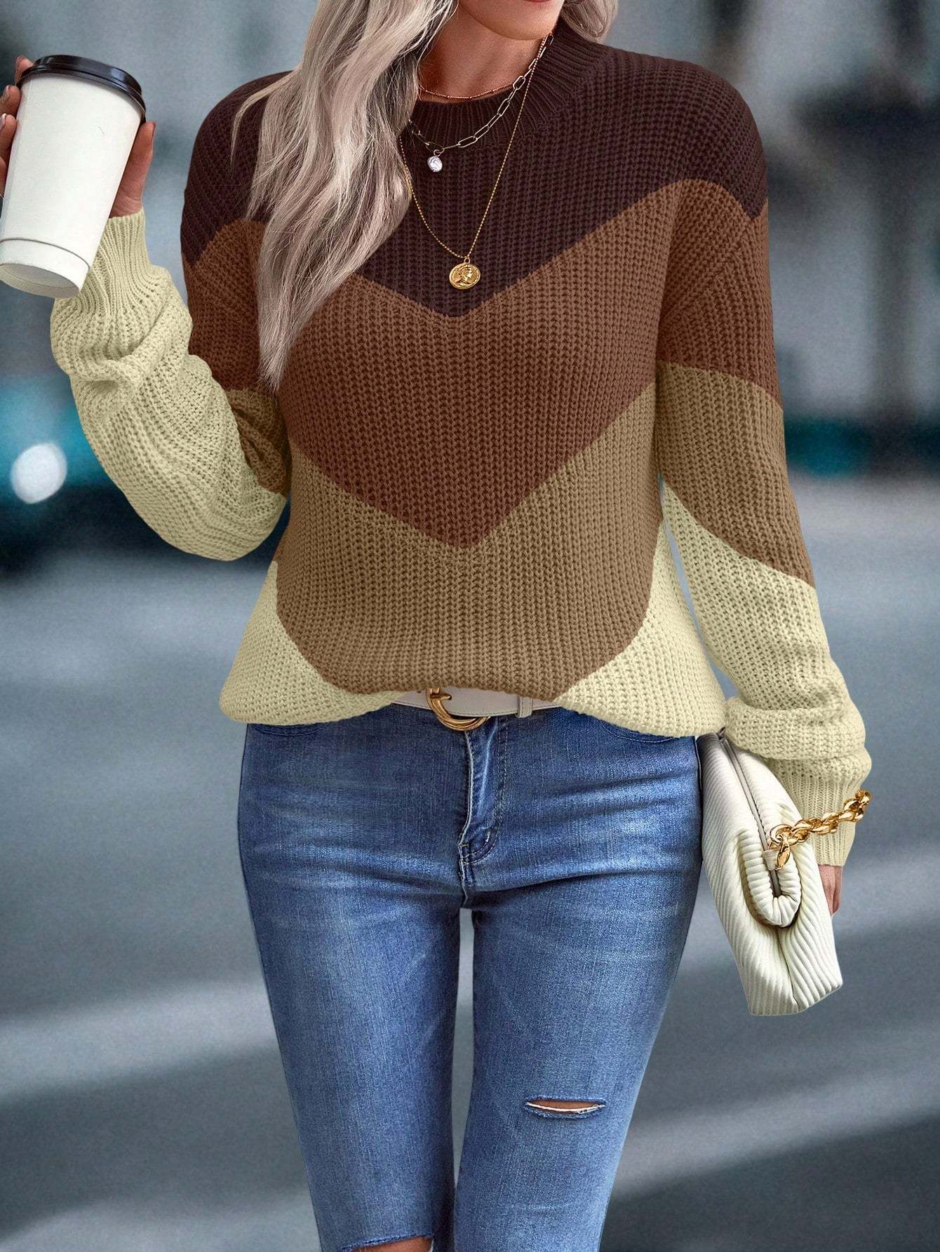Women's 2024 Sweater Regular Fit Colorblock Pattern Drop Shoulder Sweater Long Sleeve Round Neck Casual Knit Jumper Tops