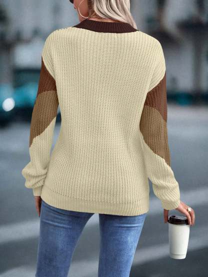 Women's 2024 Sweater Regular Fit Colorblock Pattern Drop Shoulder Sweater Long Sleeve Round Neck Casual Knit Jumper Tops