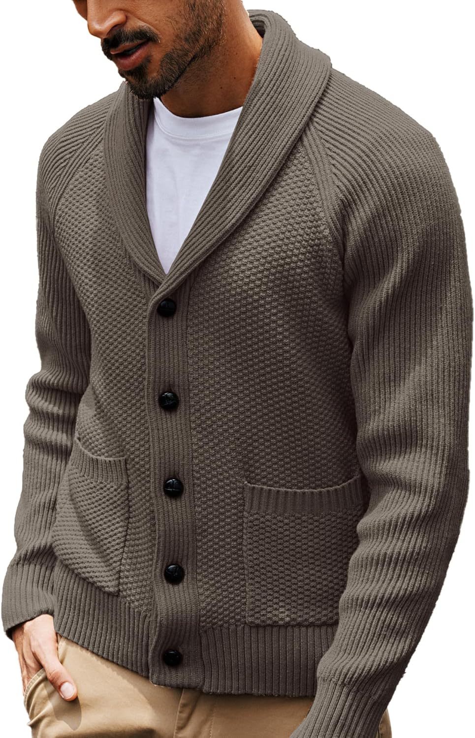 Men's Shawl Collar Button-Down Cardigan Knitted Textured Sweater