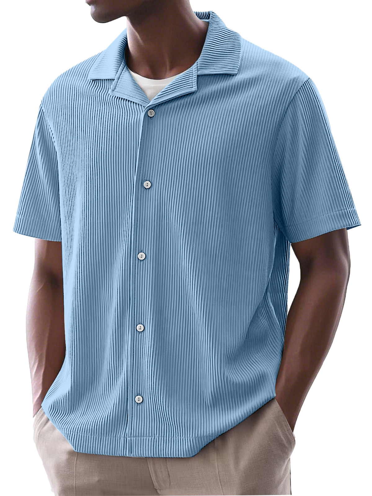 Men's Daily Simple Solid Color Ribbed Cuban Collar Short-sleeved Shirt