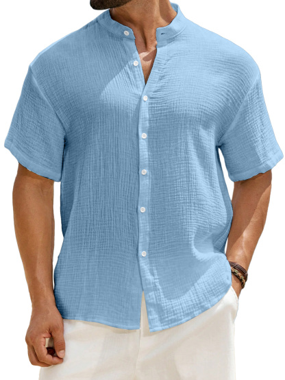 Men's Casual Solid Color Breathable Pleated Texture Stand Collar Short-sleeved Button-down Shirt
