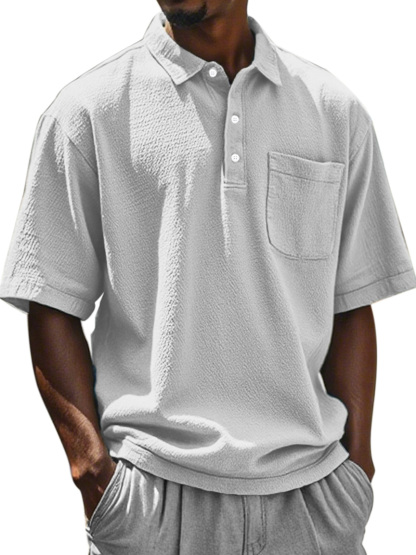Men's Daily Solid Color Textured Lapel Short-sleeved Polo Shirt
