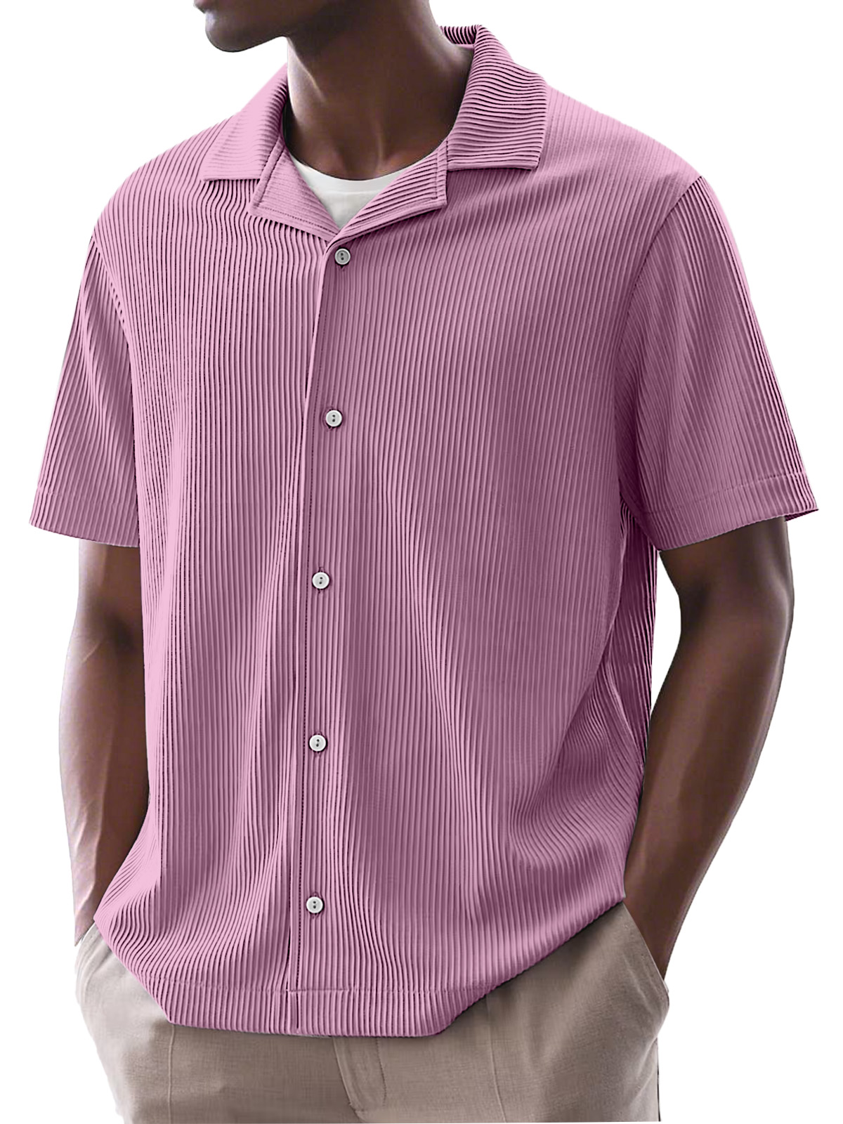 Men's Daily Simple Solid Color Ribbed Cuban Collar Short-sleeved Shirt