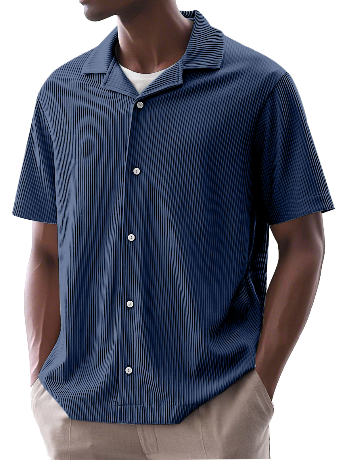 Men's Daily Simple Solid Color Ribbed Cuban Collar Short-sleeved Shirt